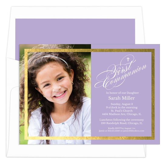 Purple Gold Foil Frame Photo Communion Invitations